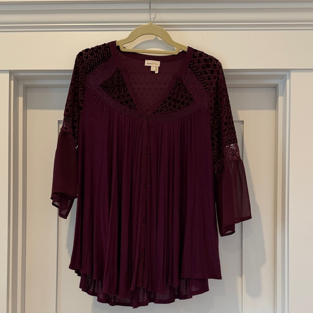 Meadow Rue Deep Burgundy Blouse with Lace Accents